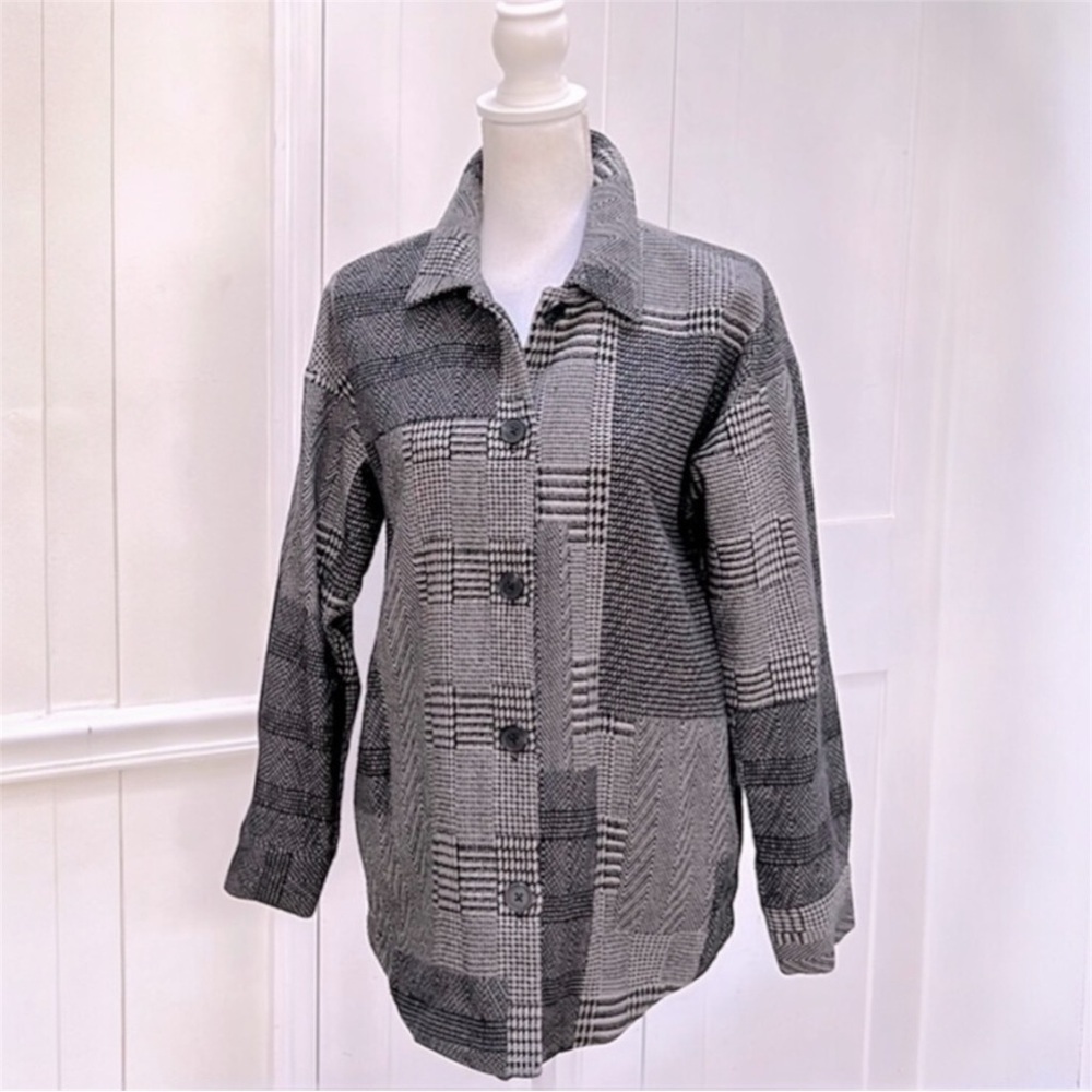 J Jill Herringbone Shacket Jacket Gray Button Front Oversized Longline Small
